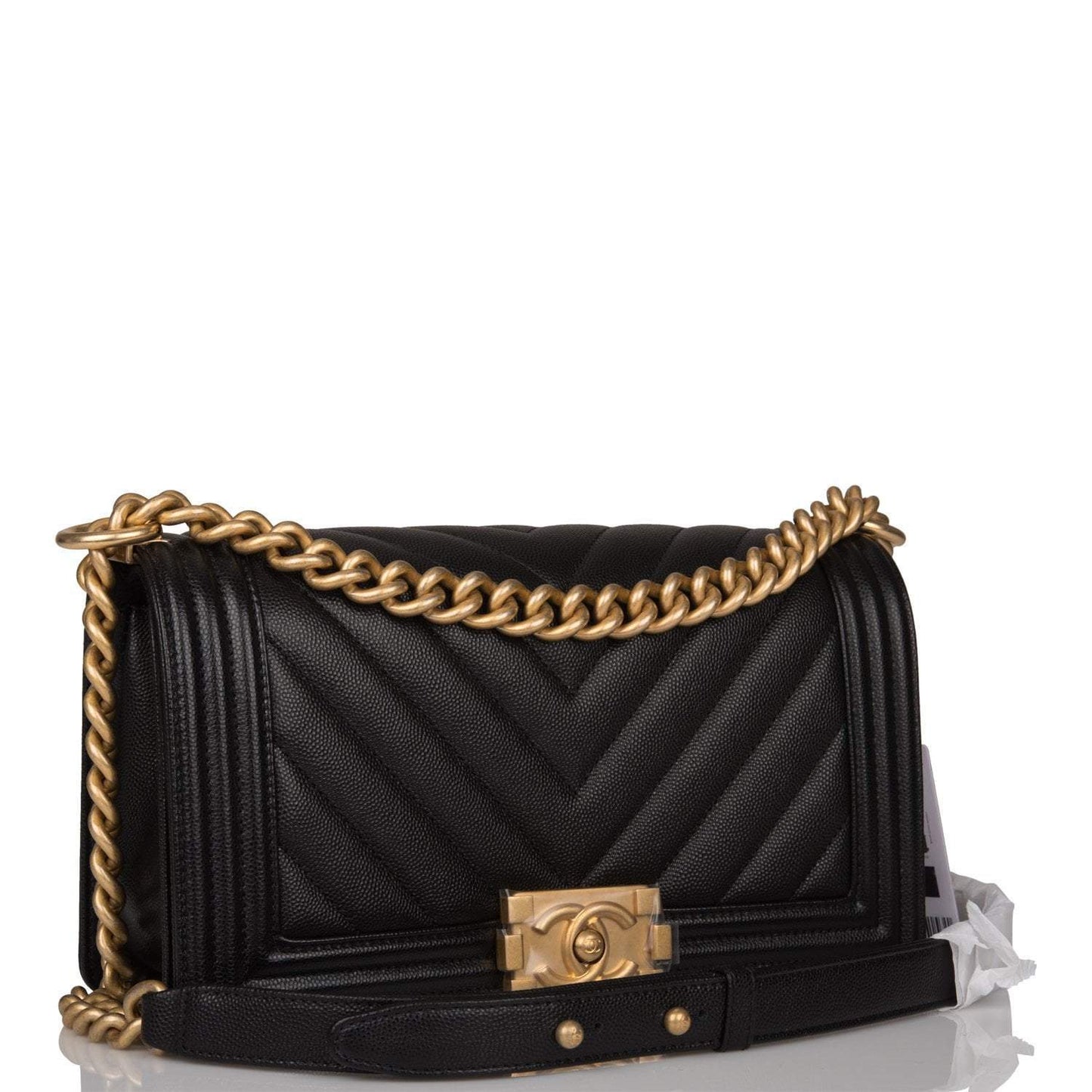 Chanel Medium Boy Bag Black Chevron Caviar Antique Gold Hardware