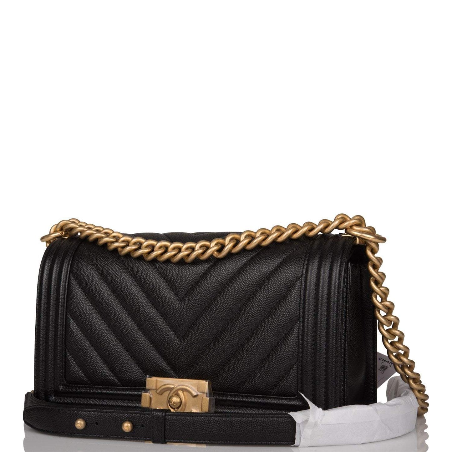 Chanel Medium Boy Bag Black Chevron Caviar Antique Gold Hardware