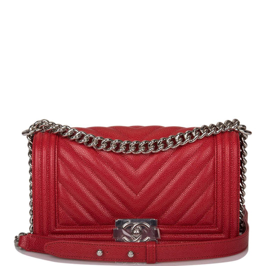 Chanel Red Chevron Caviar Medium Boy Bag Silver Hardware