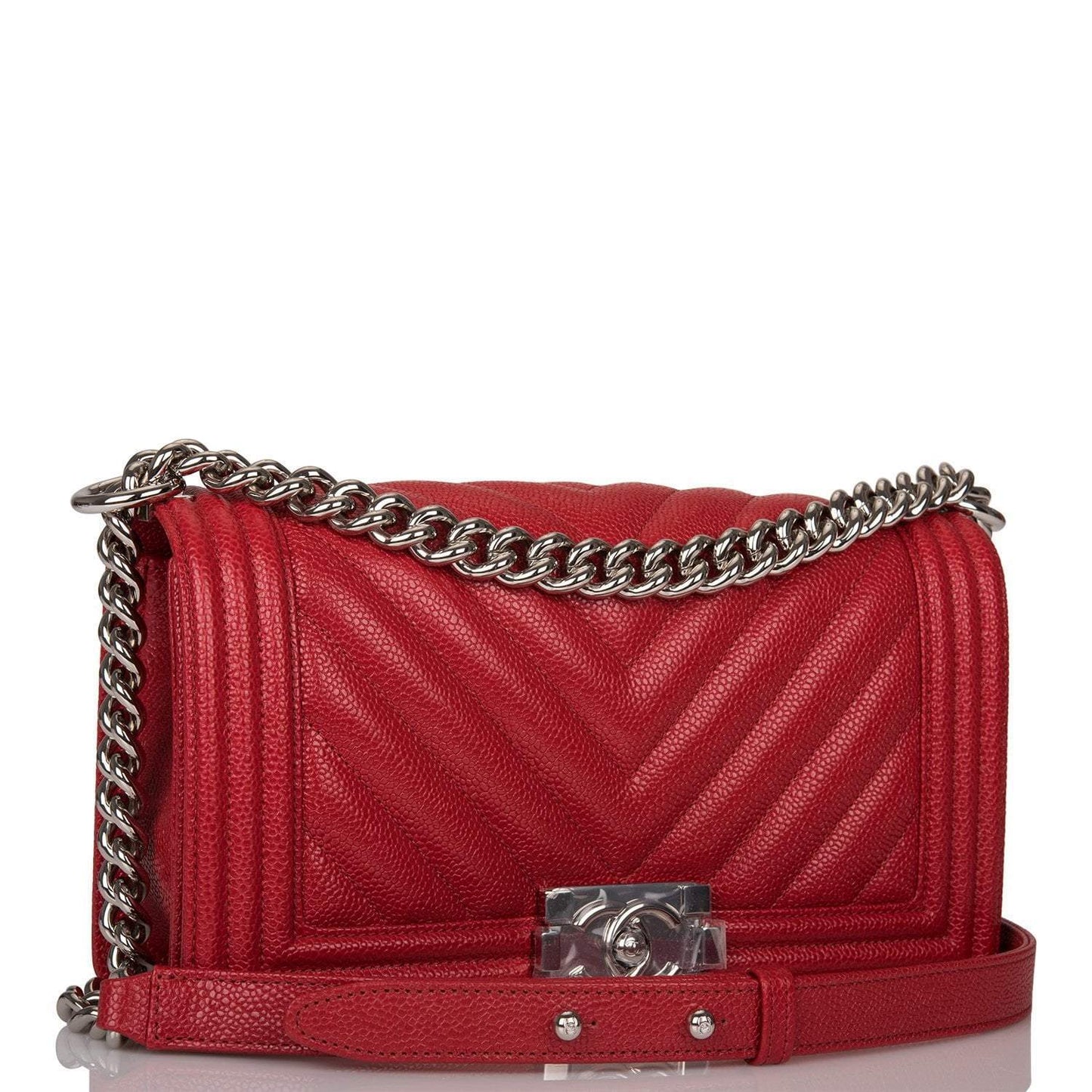 Chanel Red Chevron Caviar Medium Boy Bag Silver Hardware