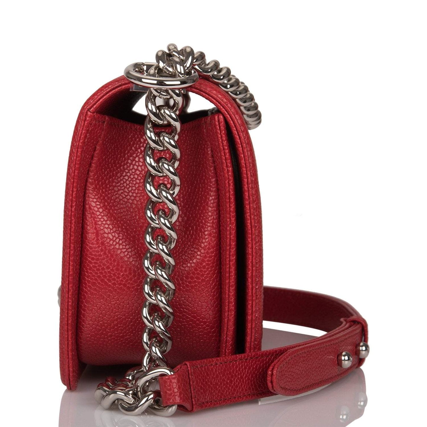 Chanel Red Chevron Caviar Medium Boy Bag Silver Hardware