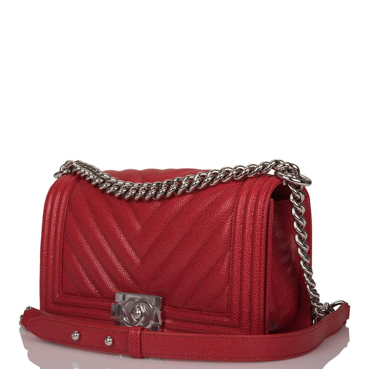 Chanel Red Chevron Caviar Medium Boy Bag Silver Hardware