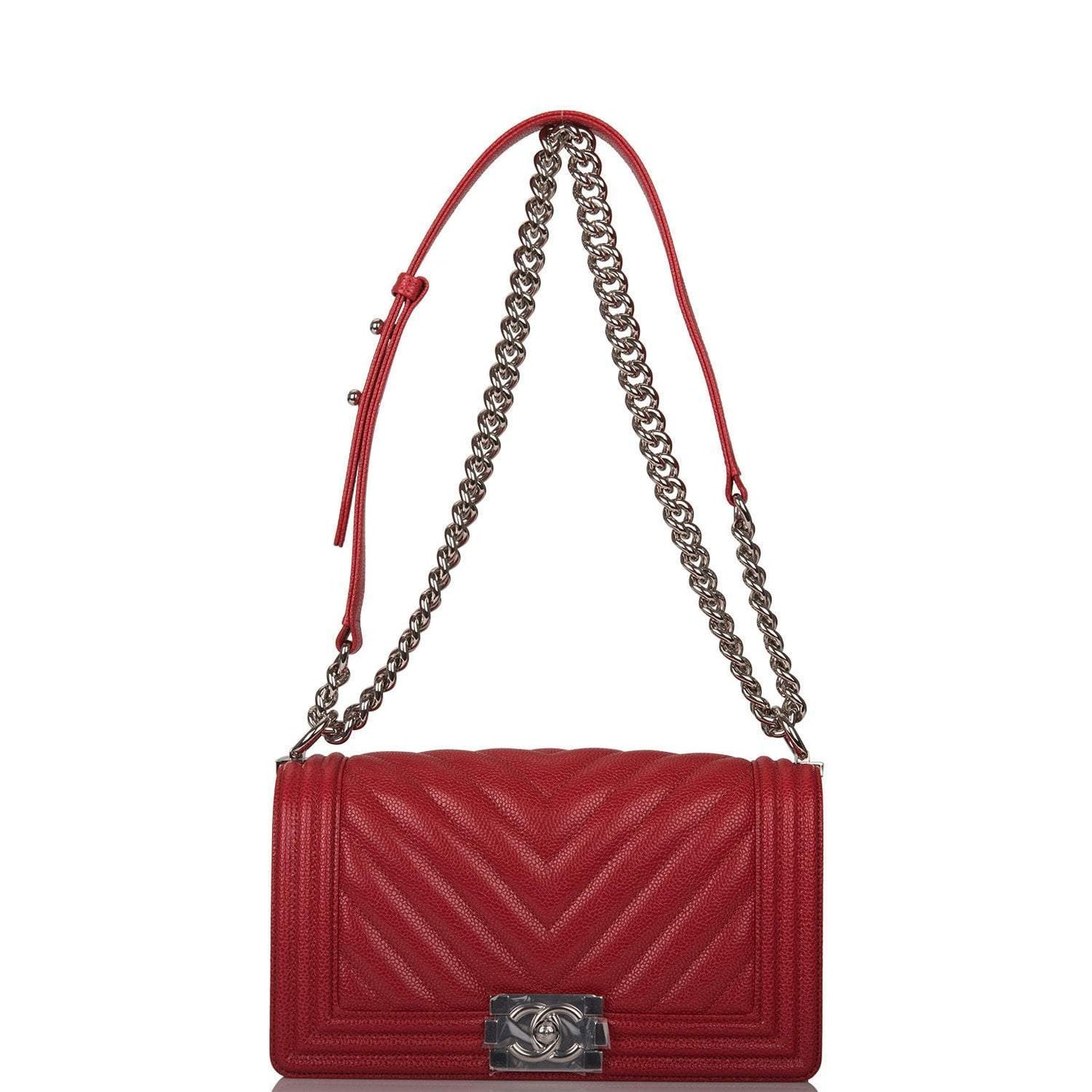 Chanel Red Chevron Caviar Medium Boy Bag Silver Hardware