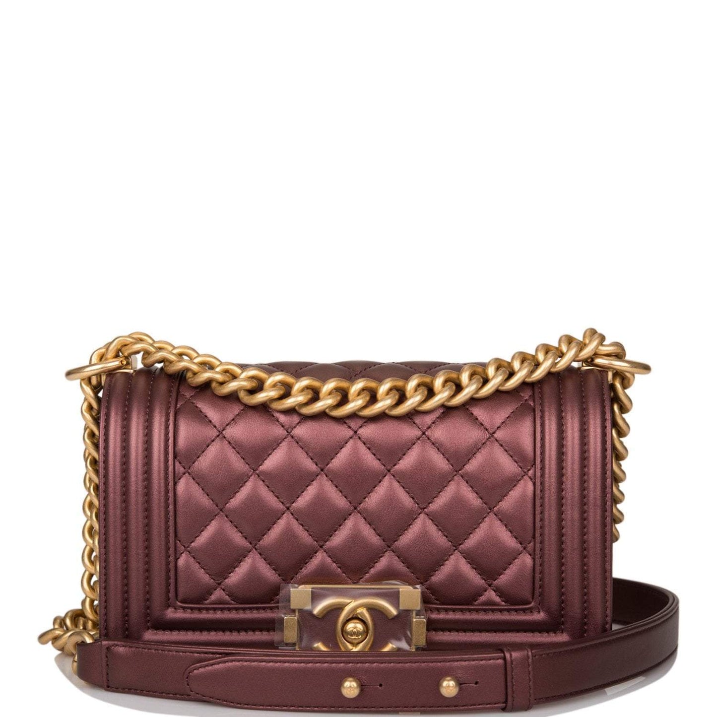 Chanel Plum Metallic Quilted Calfskin Small Boy Bag Antique Gold Hardware