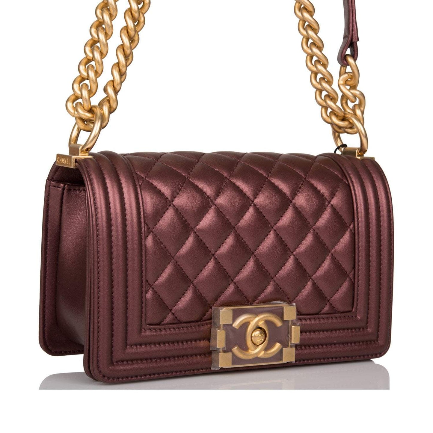 Chanel Plum Metallic Quilted Calfskin Small Boy Bag Antique Gold Hardware