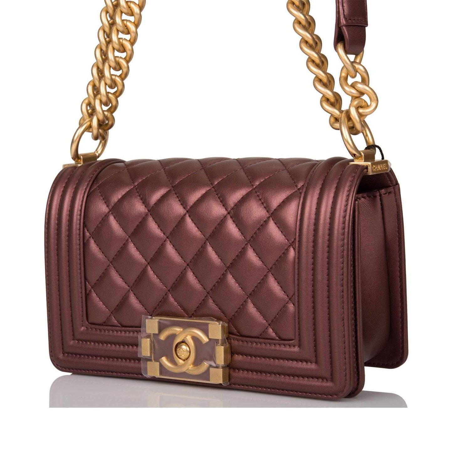 Chanel Plum Metallic Quilted Calfskin Small Boy Bag Antique Gold Hardware