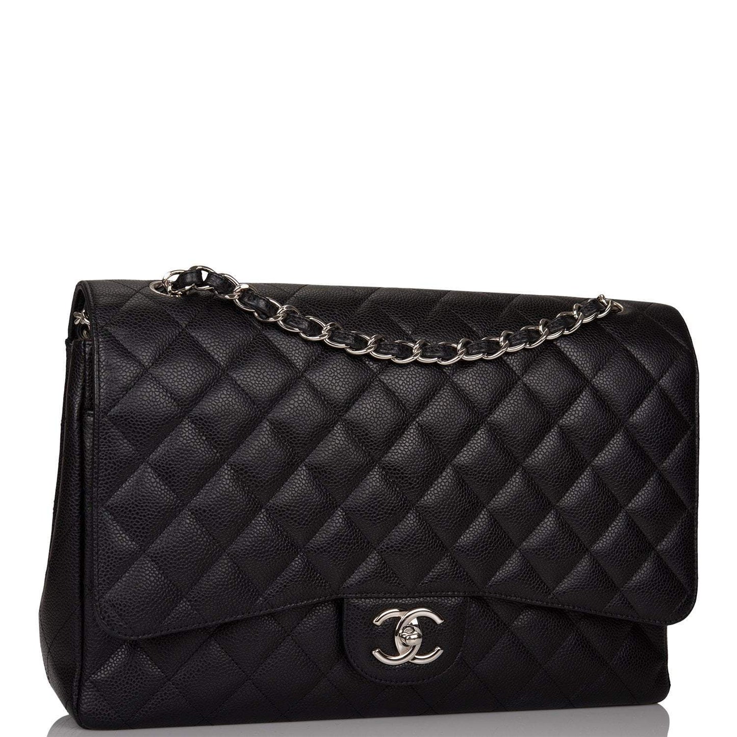 Chanel Black Quilted Caviar Maxi Classic Double Flap Bag Silver Hardware