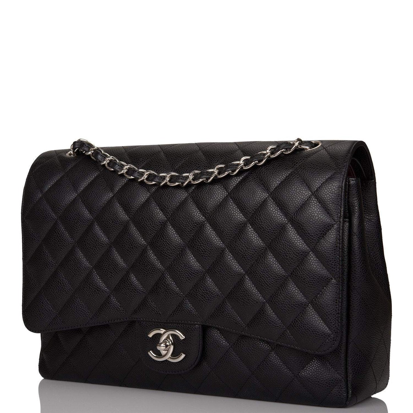 Chanel Black Quilted Caviar Maxi Classic Double Flap Bag Silver Hardware