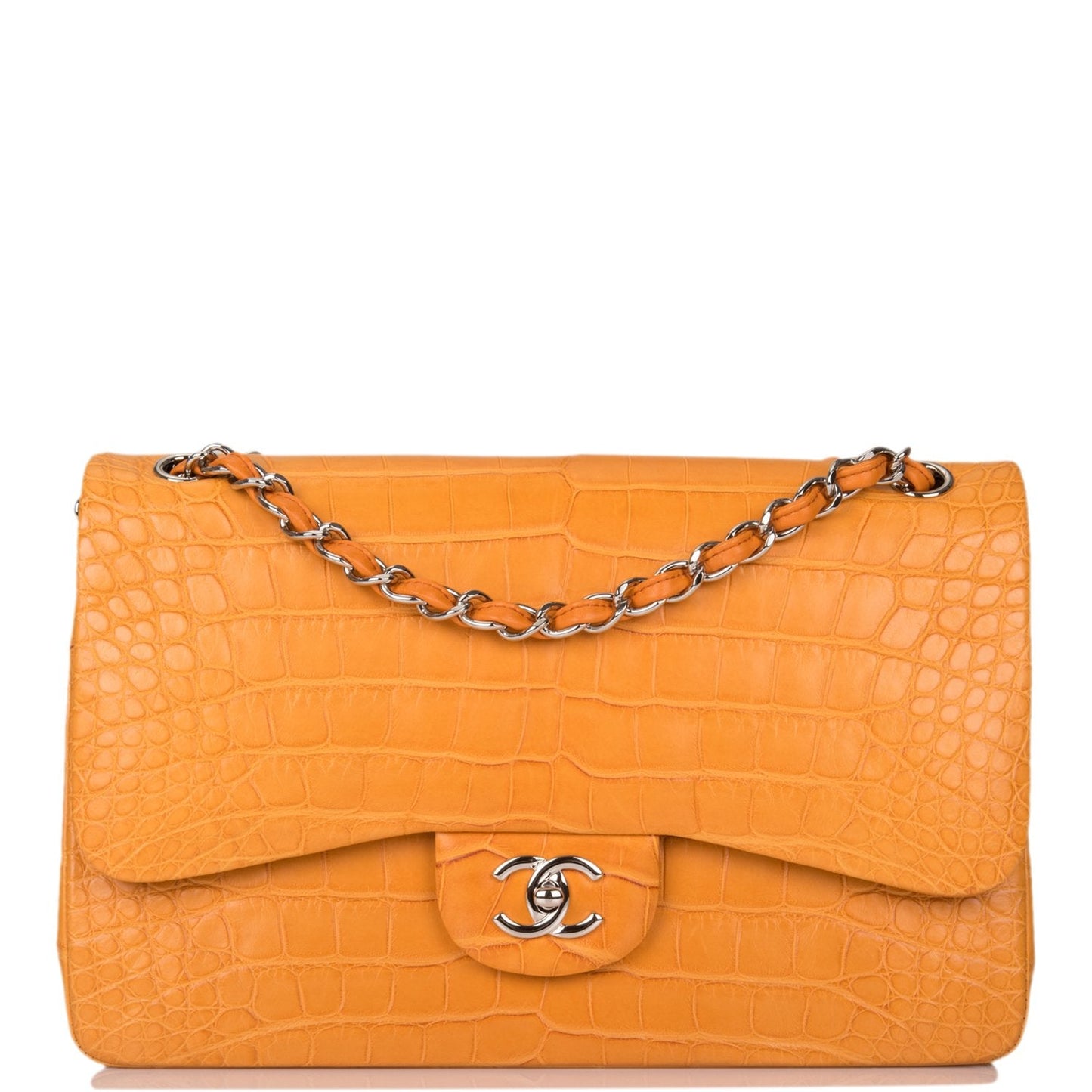 Chanel Orange Alligator Jumbo Classic Double Flap Bag Silver Hardware