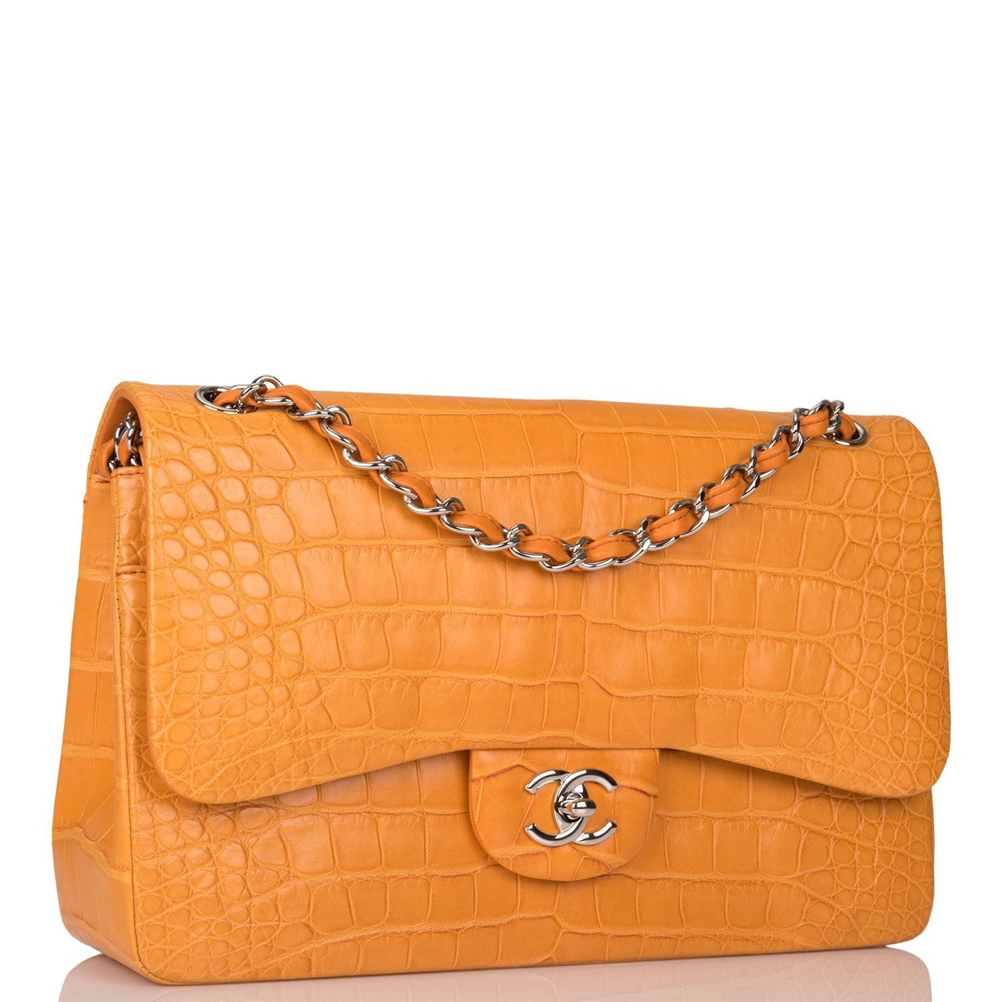 Chanel Orange Alligator Jumbo Classic Double Flap Bag Silver Hardware