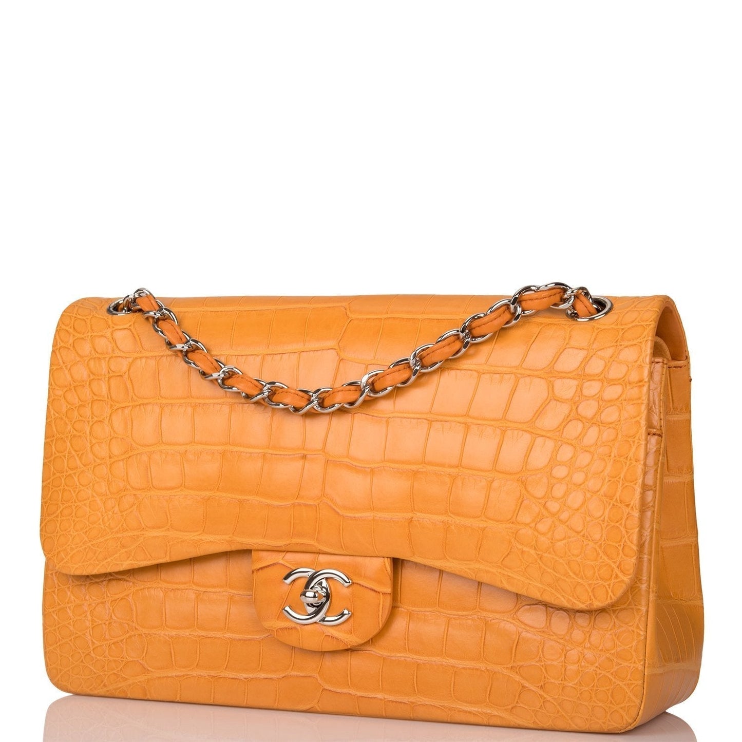 Chanel Orange Alligator Jumbo Classic Double Flap Bag Silver Hardware