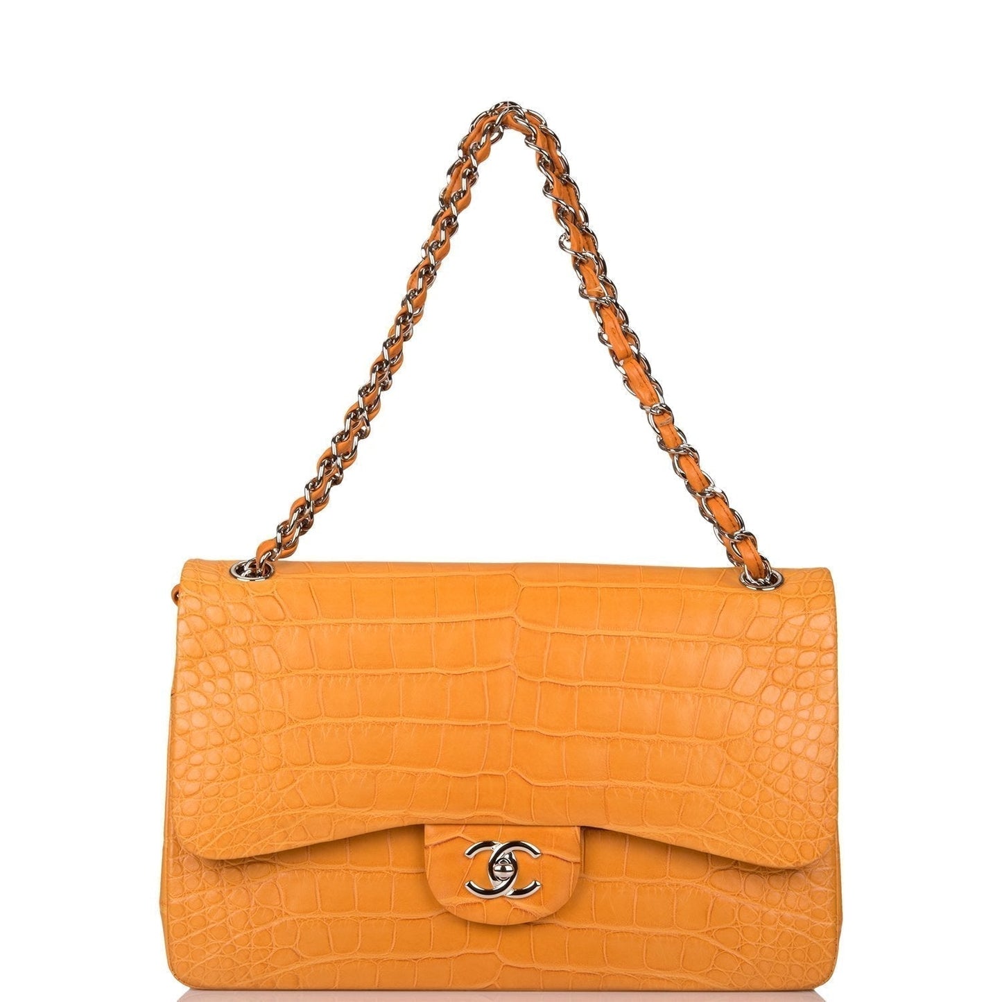 Chanel Orange Alligator Jumbo Classic Double Flap Bag Silver Hardware