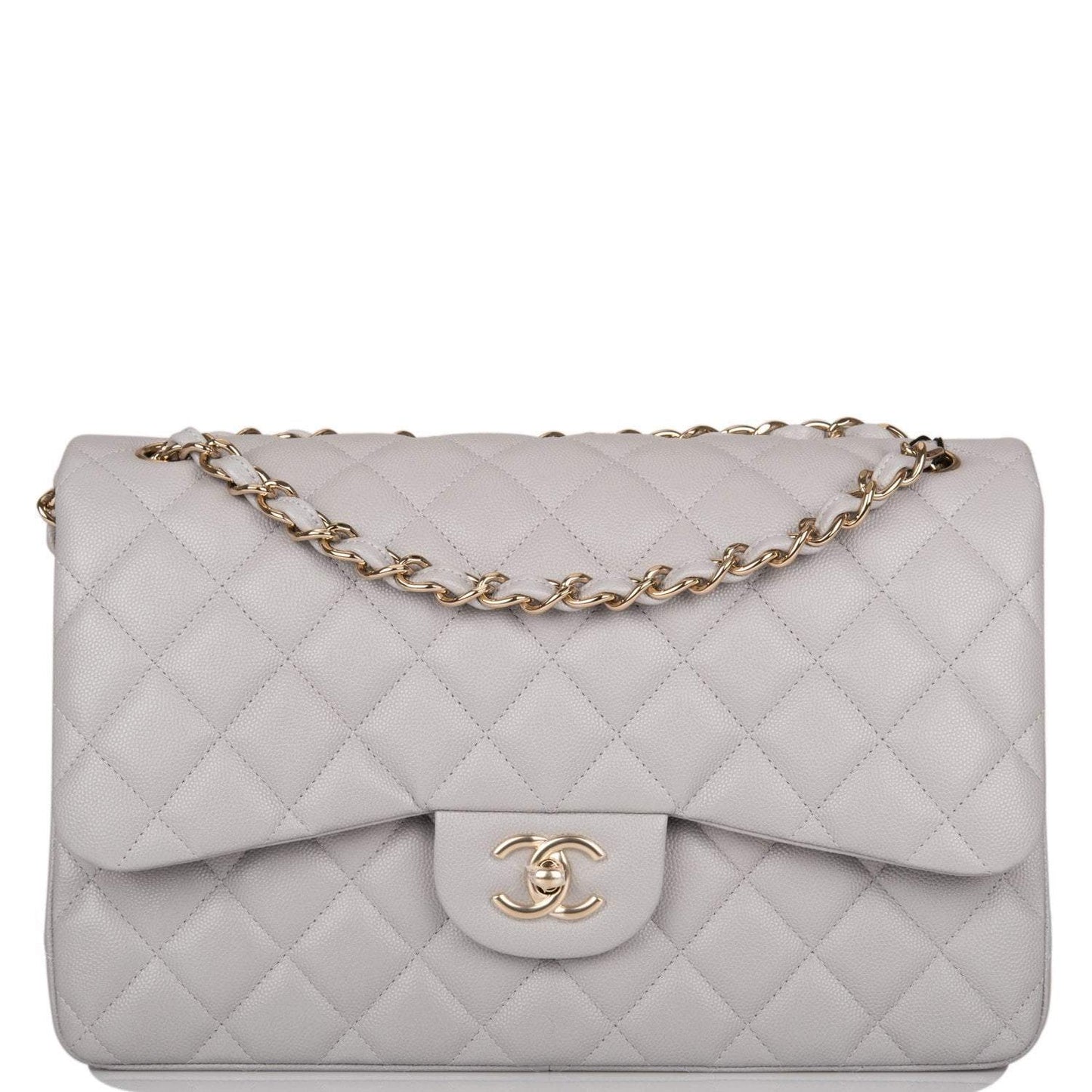 Chanel Light Grey Quilted Caviar Jumbo Classic Double Flap Bag Light Gold Hardware