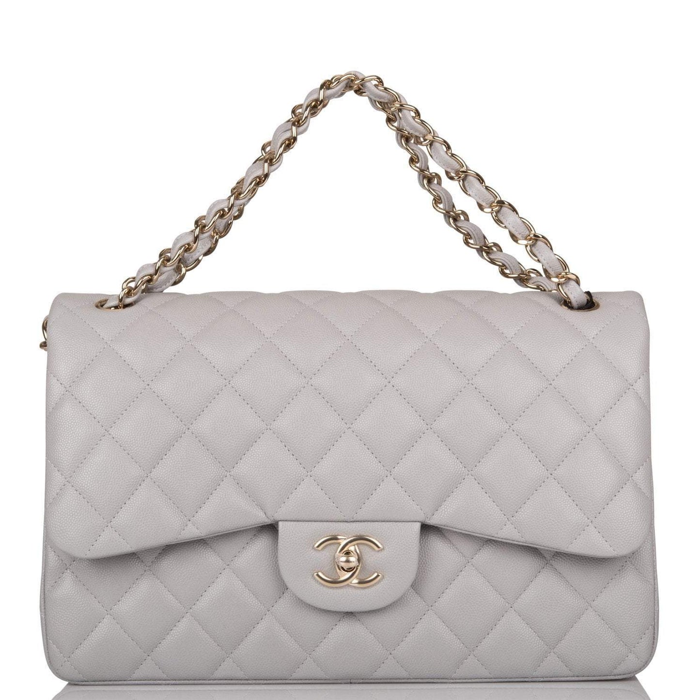 Chanel Light Grey Quilted Caviar Jumbo Classic Double Flap Bag Light Gold Hardware