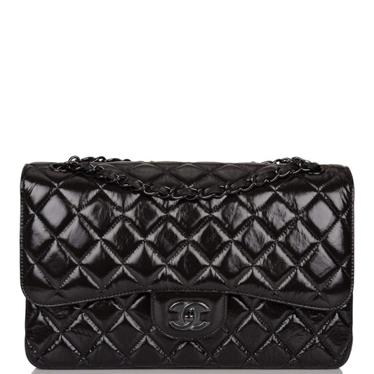 Chanel SO Black Shiny Crumpled Calfskin Jumbo Classic Double Flap Bag Black Hardware