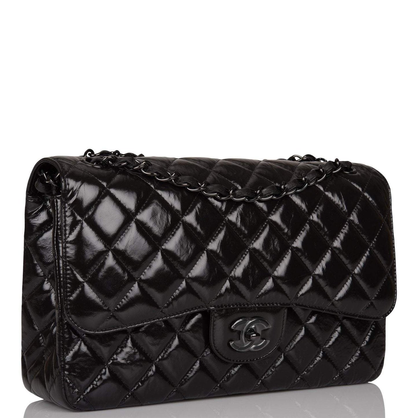 Chanel SO Black Shiny Crumpled Calfskin Jumbo Classic Double Flap Bag Black Hardware