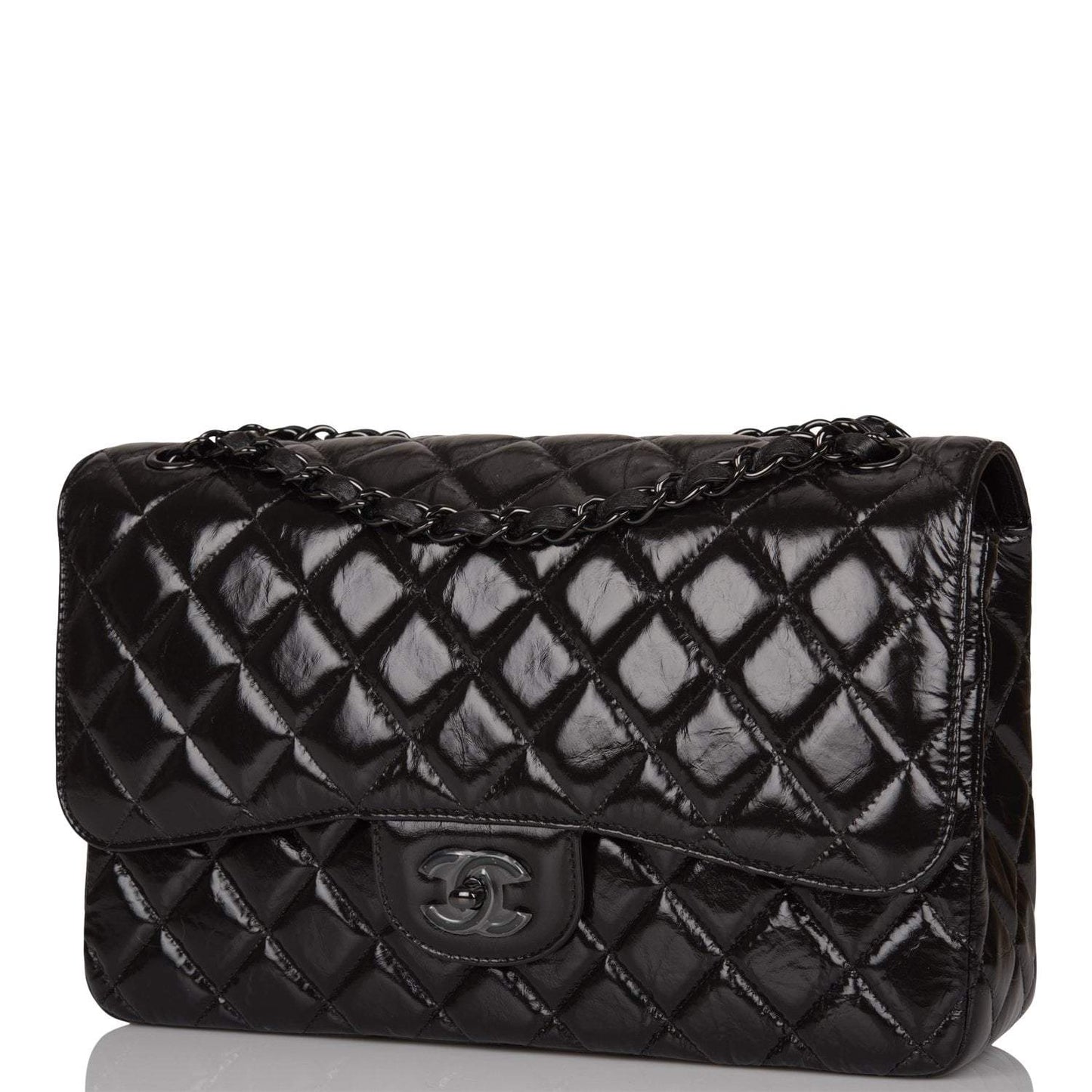 Chanel SO Black Shiny Crumpled Calfskin Jumbo Classic Double Flap Bag Black Hardware