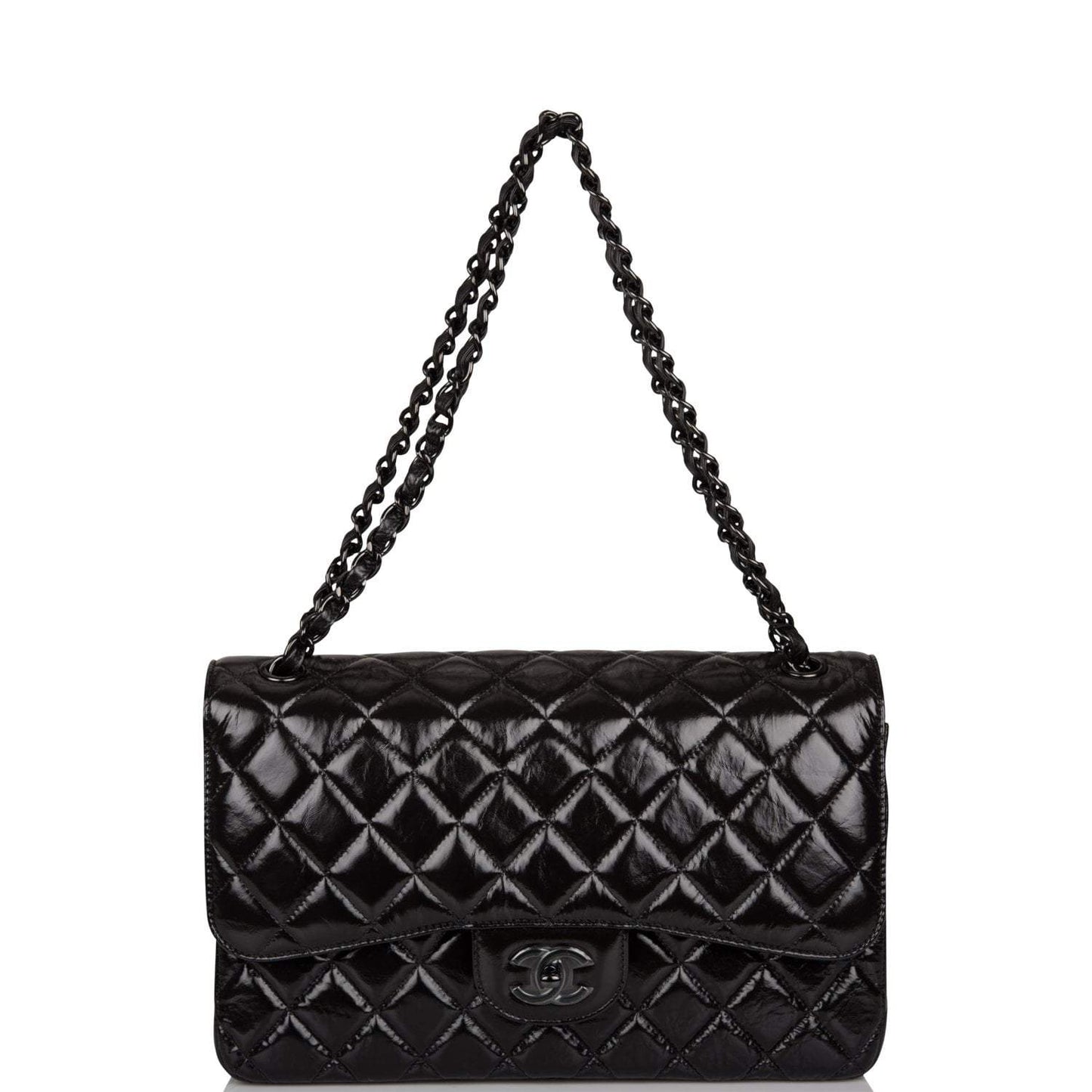 Chanel SO Black Shiny Crumpled Calfskin Jumbo Classic Double Flap Bag Black Hardware