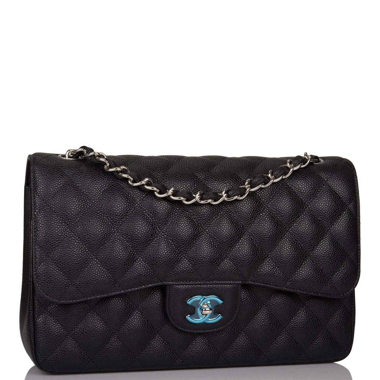 Chanel Black Quilted Caviar Jumbo Classic Double Flap Bag Silver Hardware