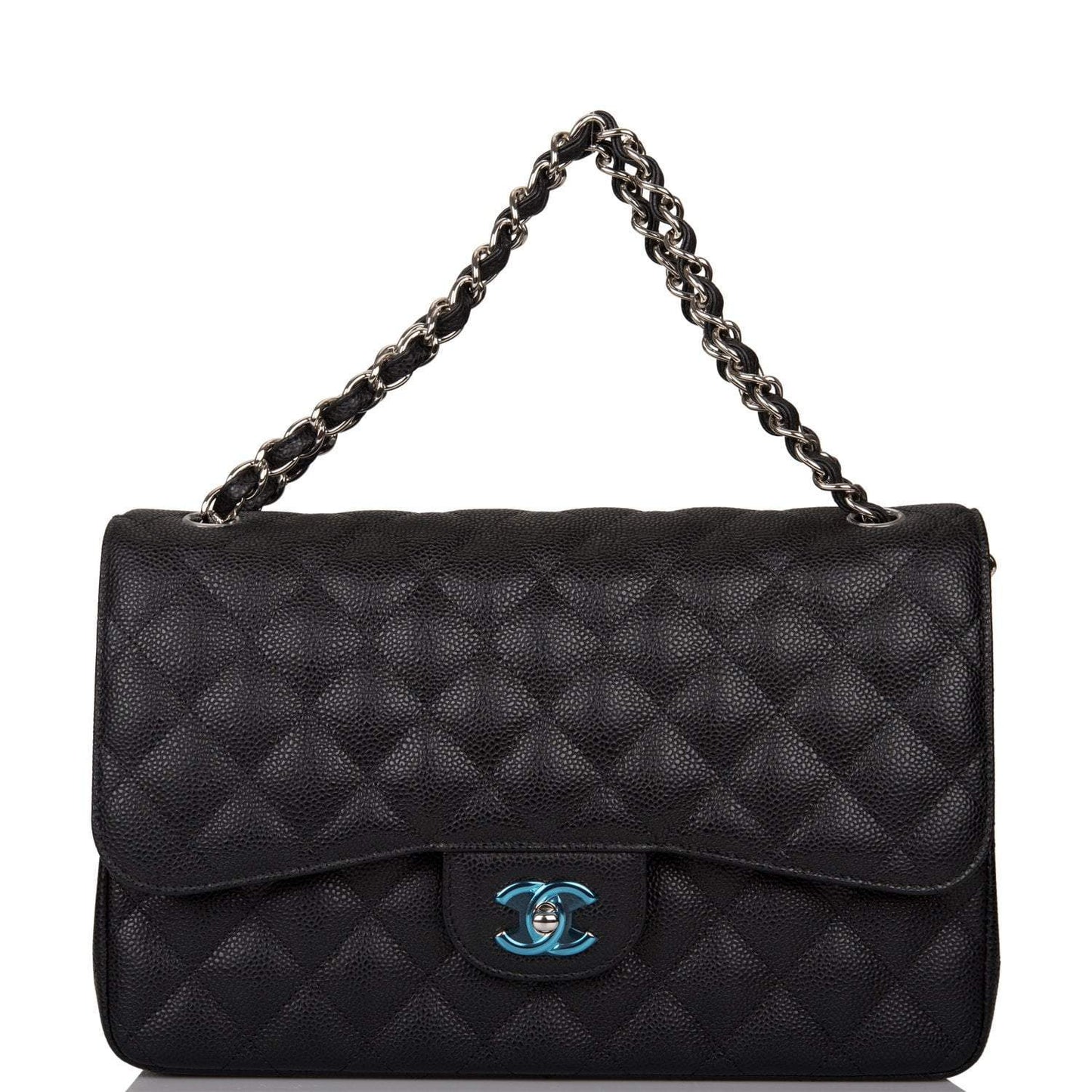 Chanel Black Quilted Caviar Jumbo Classic Double Flap Bag Silver Hardware