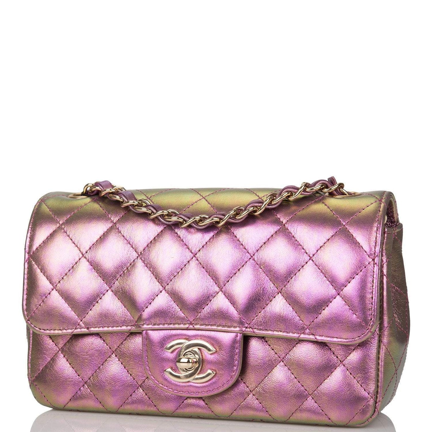 Chanel Mini Rectangular Flap Bag Purple Iridescent Lambskin Light Gold Hardware