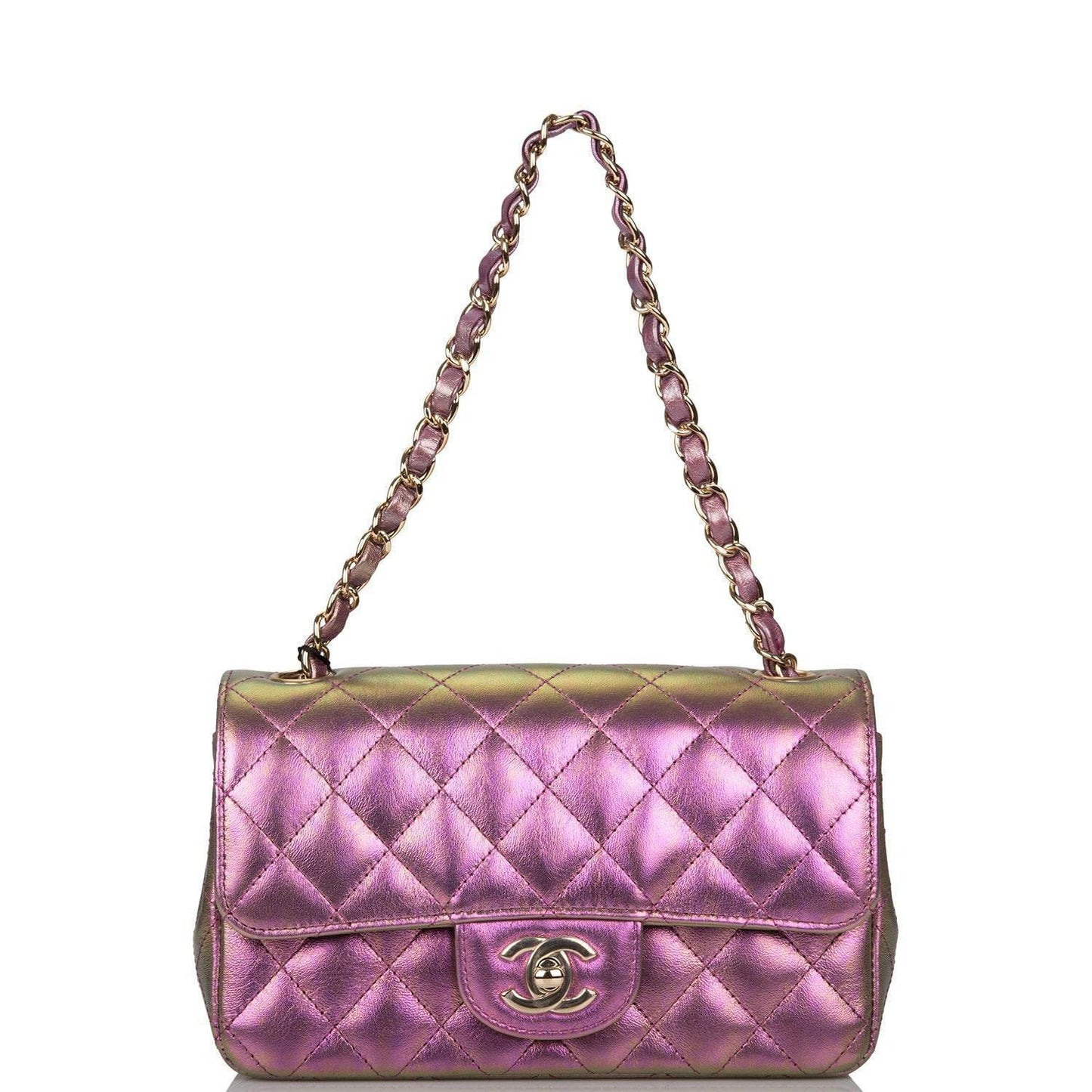 Chanel Mini Rectangular Flap Bag Purple Iridescent Lambskin Light Gold Hardware