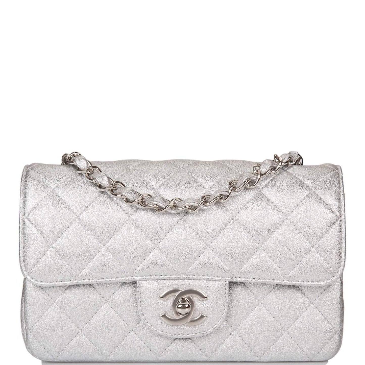 Chanel Silver Metallic Quilted Lambskin Rectangular Mini Classic Flap Bag Silver Hardware