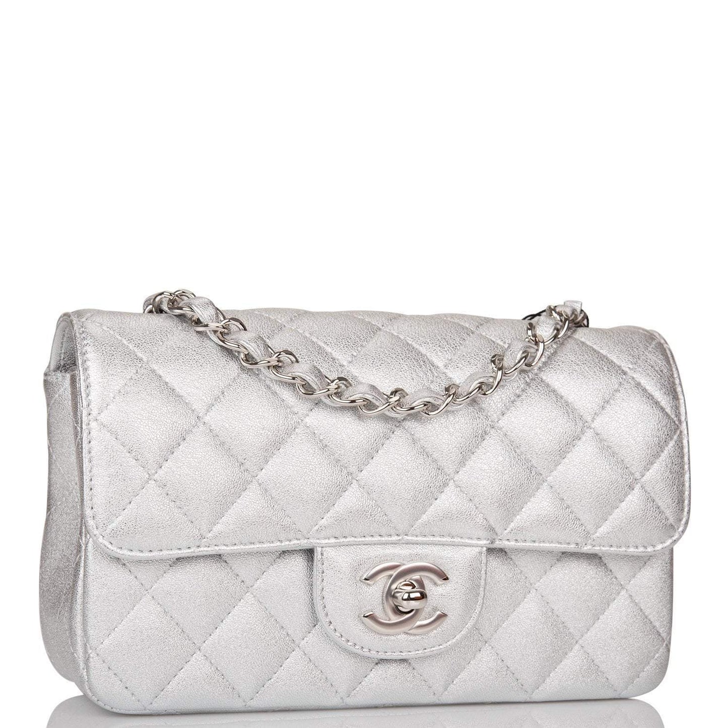 Chanel Silver Metallic Quilted Lambskin Rectangular Mini Classic Flap Bag Silver Hardware