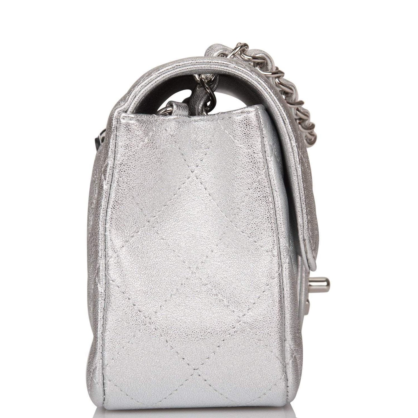 Chanel Silver Metallic Quilted Lambskin Rectangular Mini Classic Flap Bag Silver Hardware