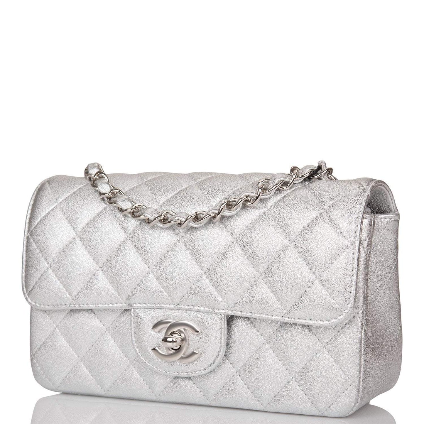 Chanel Silver Metallic Quilted Lambskin Rectangular Mini Classic Flap Bag Silver Hardware