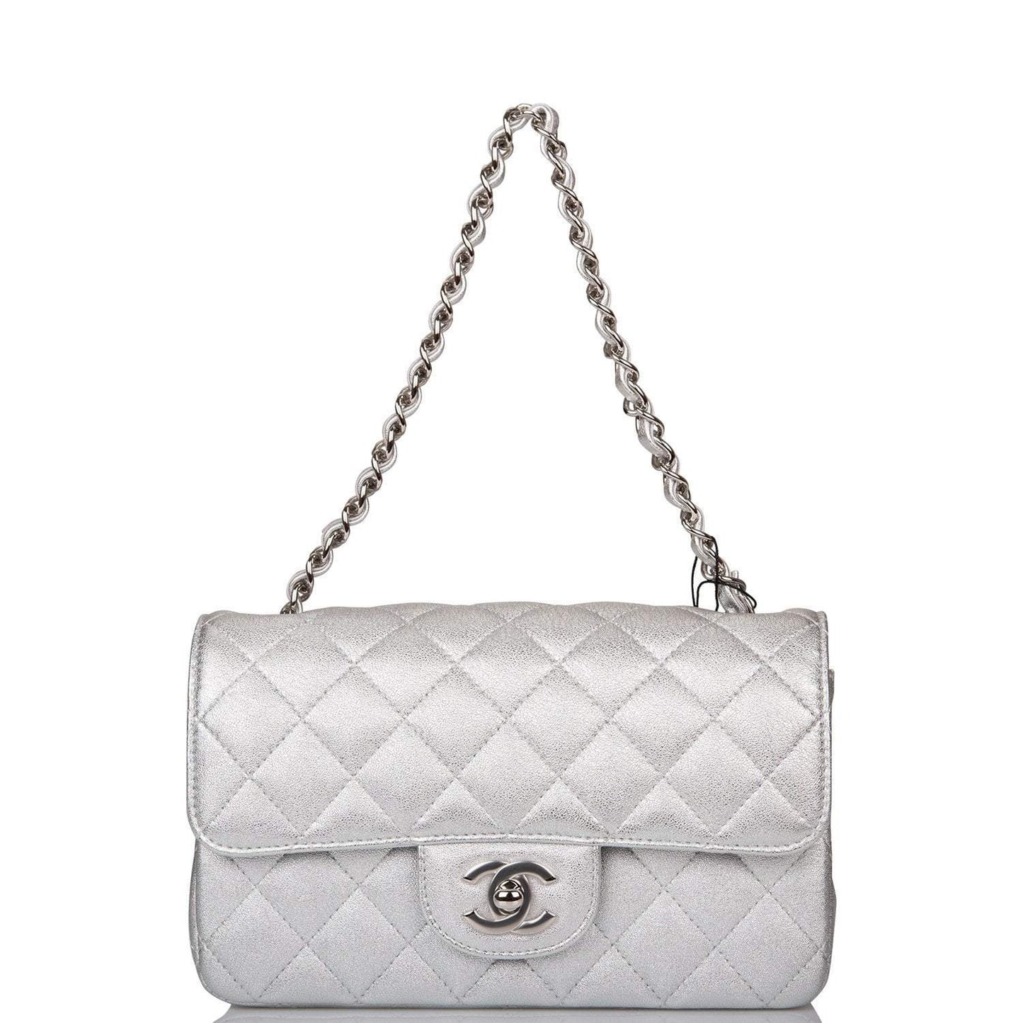 Chanel Silver Metallic Quilted Lambskin Rectangular Mini Classic Flap Bag Silver Hardware