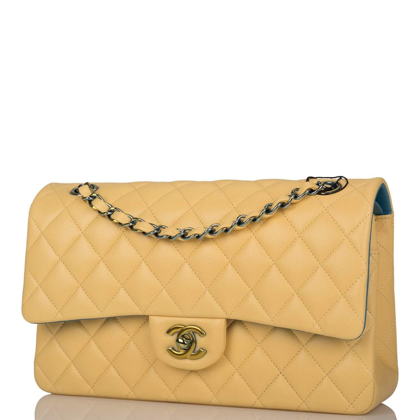 Chanel Yellow Quilted Lambskin Medium Classic Double Flap Bag Rainbow Hardware