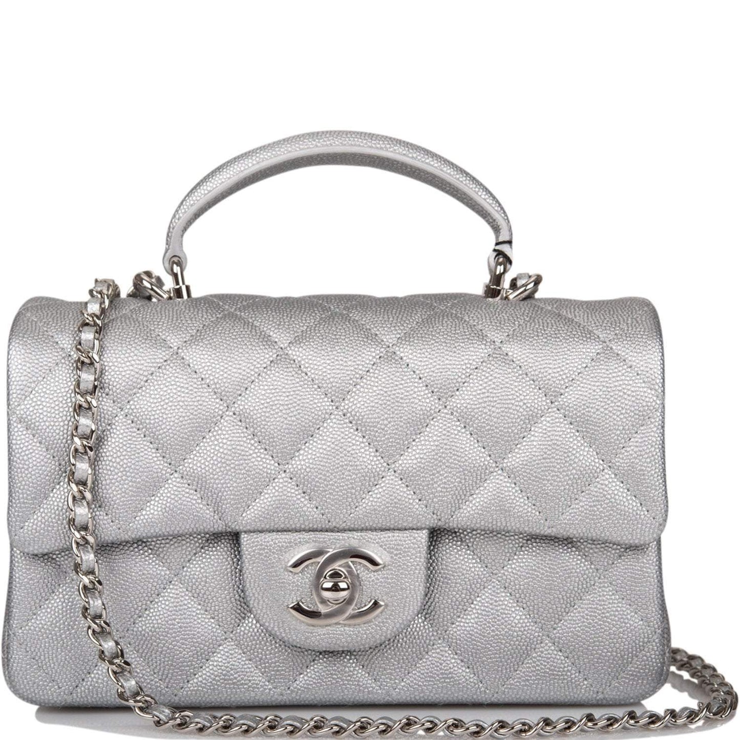 Chanel Silver Metallic Quilted Caviar Rectangular Mini Flap Bag with Top Handle Silver Hardware