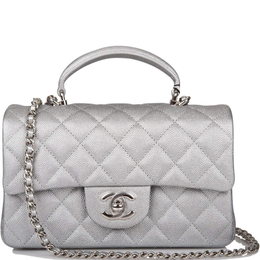 Chanel Silver Metallic Quilted Caviar Rectangular Mini Flap Bag with Top Handle Silver Hardware