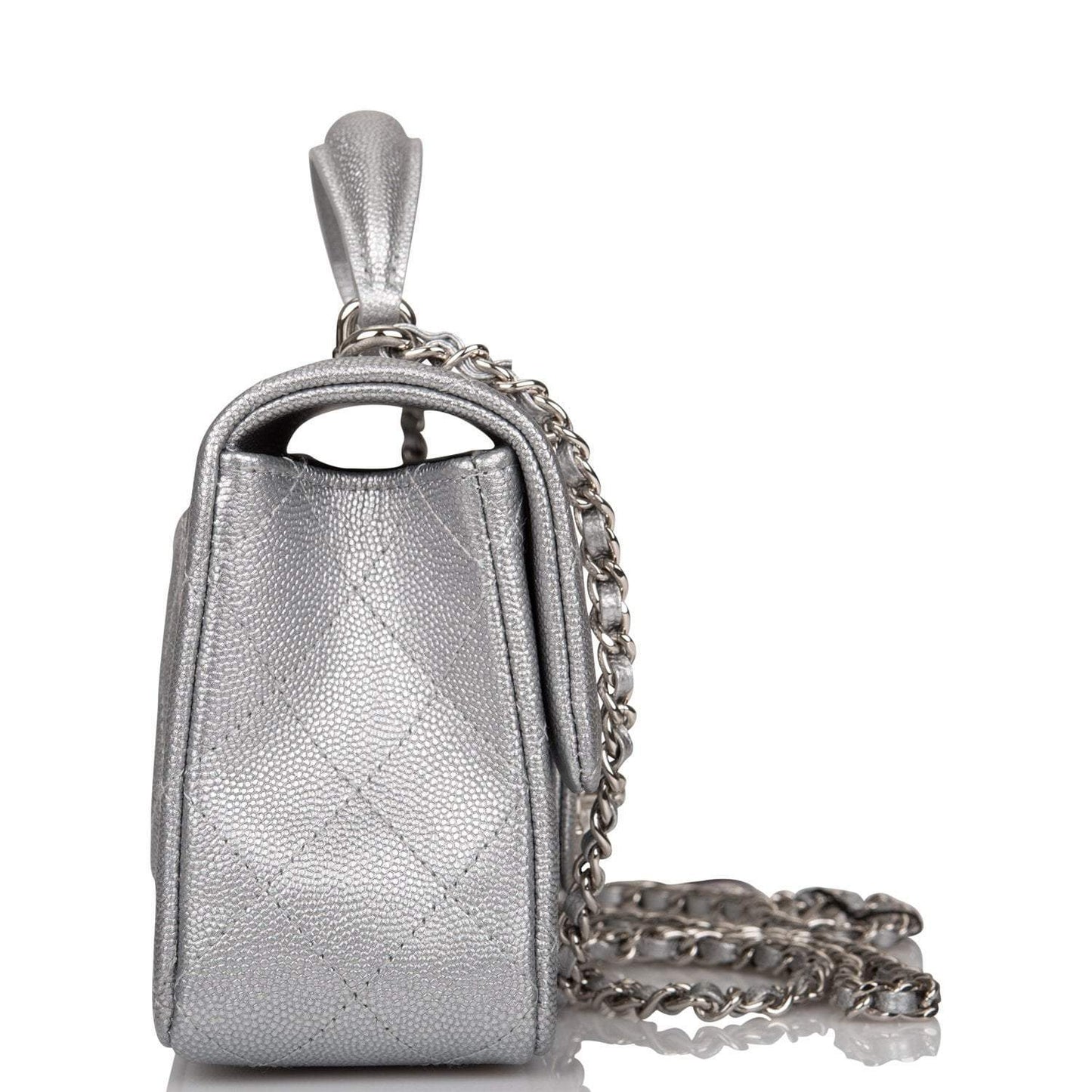 Chanel Silver Metallic Quilted Caviar Rectangular Mini Flap Bag with Top Handle Silver Hardware