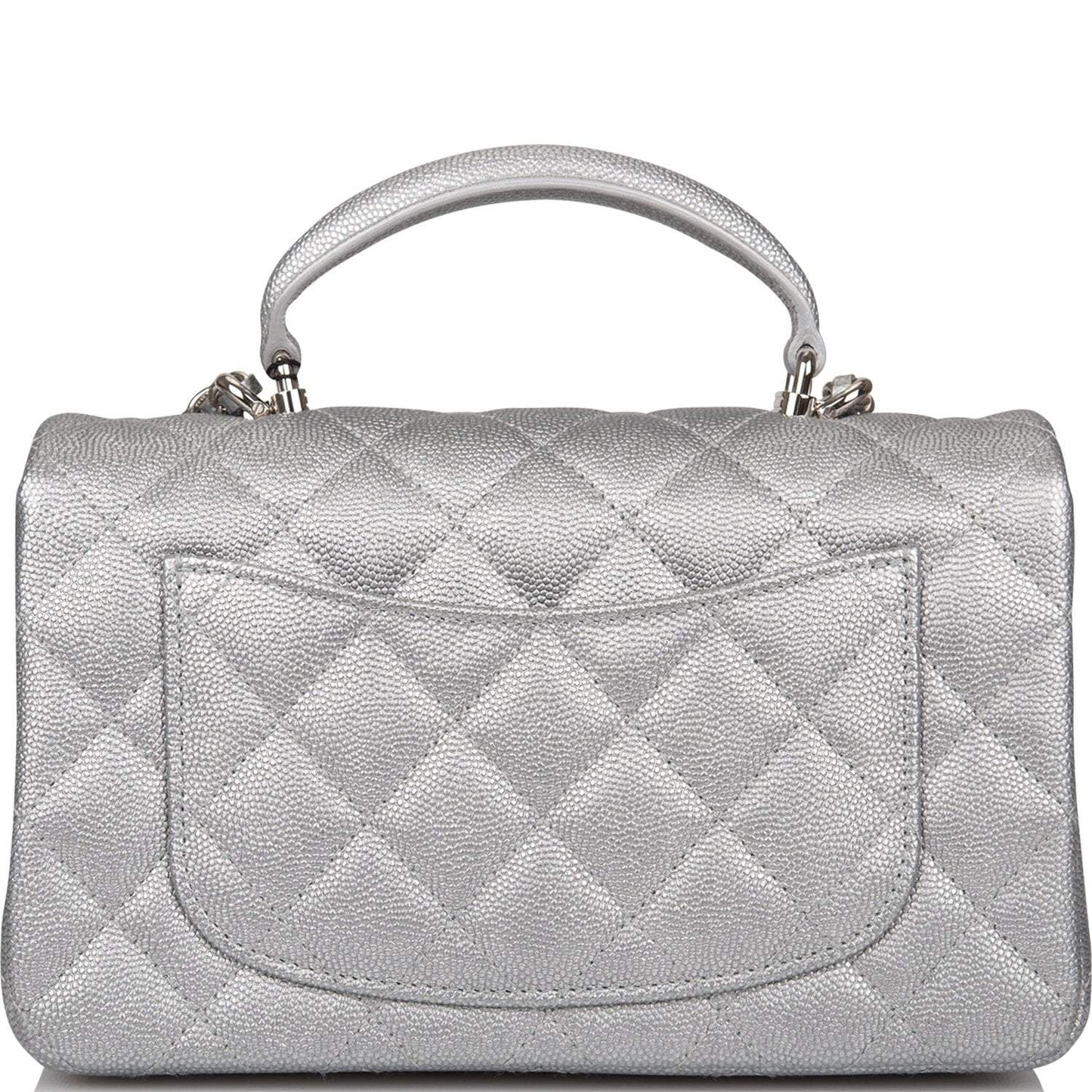 Chanel Silver Metallic Quilted Caviar Rectangular Mini Flap Bag with Top Handle Silver Hardware