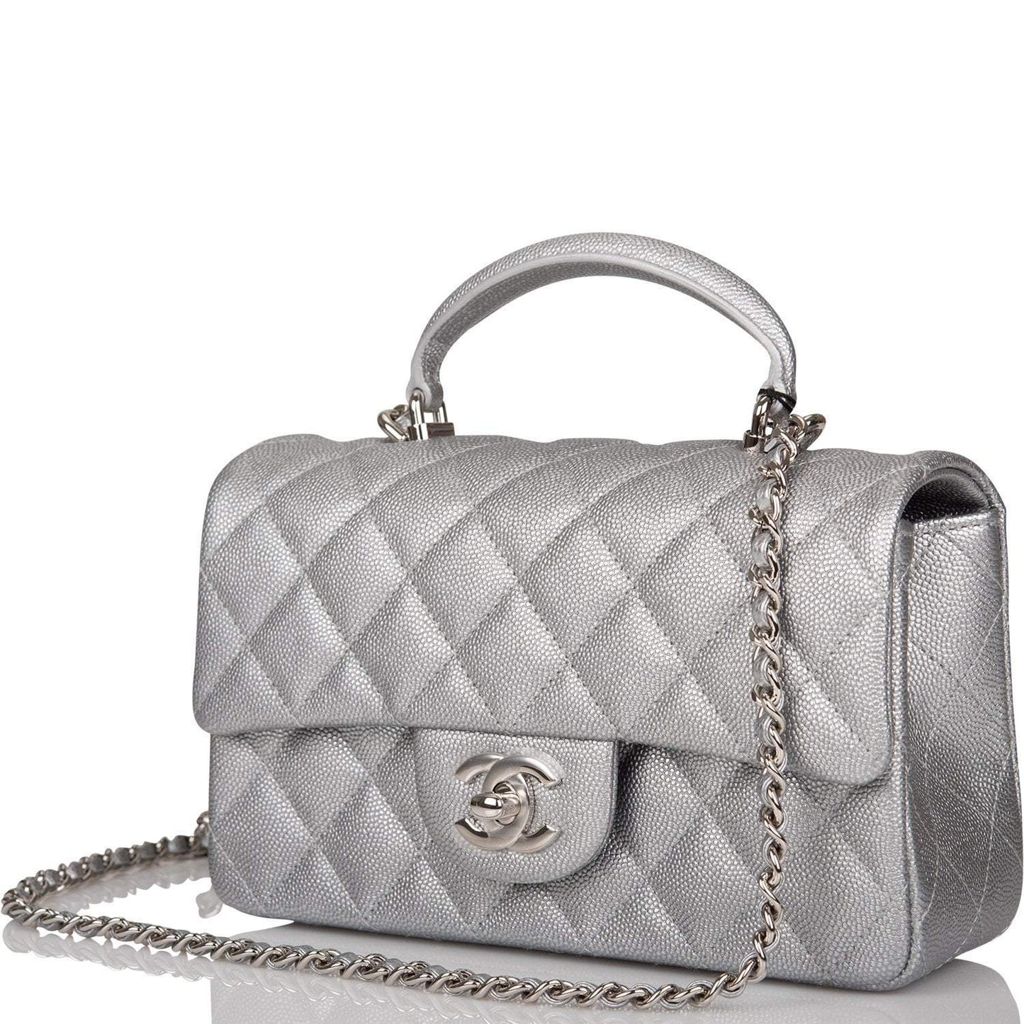 Chanel Silver Metallic Quilted Caviar Rectangular Mini Flap Bag with Top Handle Silver Hardware