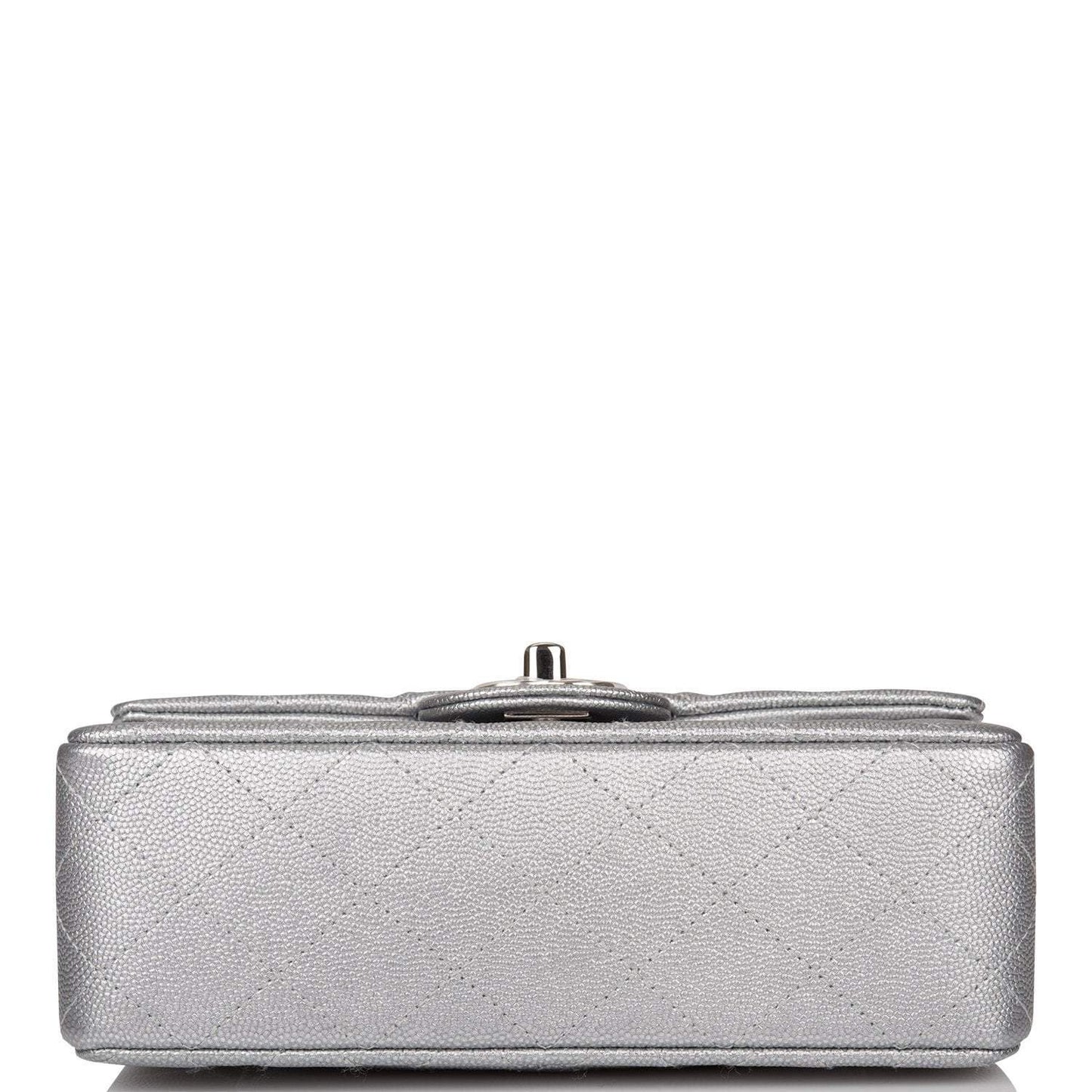 Chanel Silver Metallic Quilted Caviar Rectangular Mini Flap Bag with Top Handle Silver Hardware