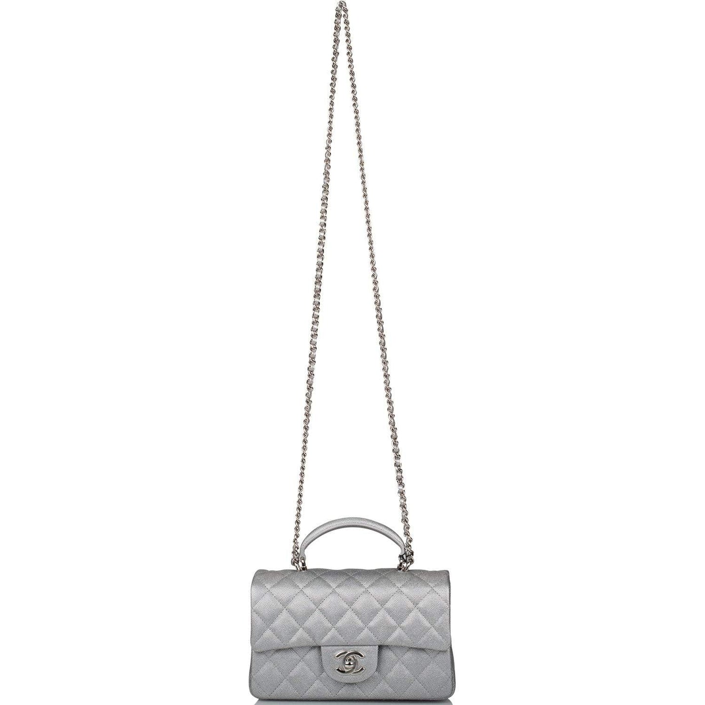 Chanel Silver Metallic Quilted Caviar Rectangular Mini Flap Bag with Top Handle Silver Hardware