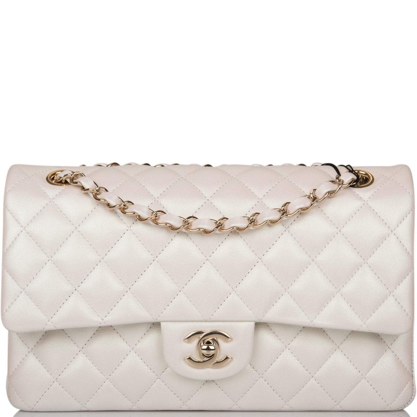 Chanel White Iridescent Quilted Lambskin Medium Classic Double Flap Bag Light Gold Hardware