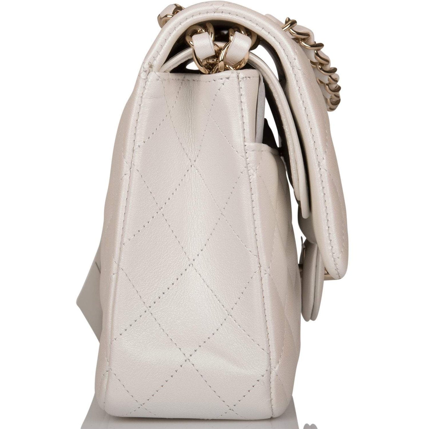 Chanel White Iridescent Quilted Lambskin Medium Classic Double Flap Bag Light Gold Hardware