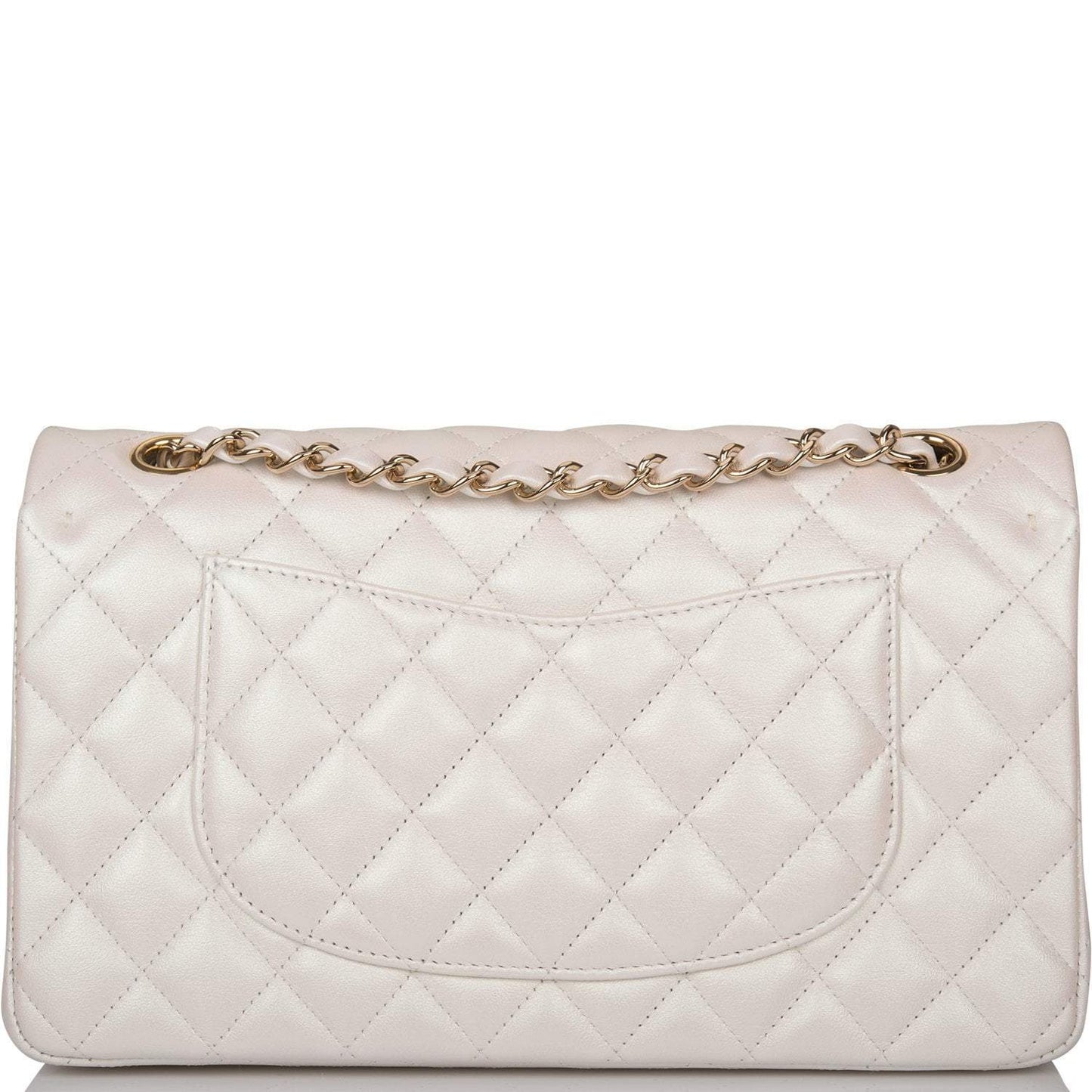 Chanel White Iridescent Quilted Lambskin Medium Classic Double Flap Bag Light Gold Hardware