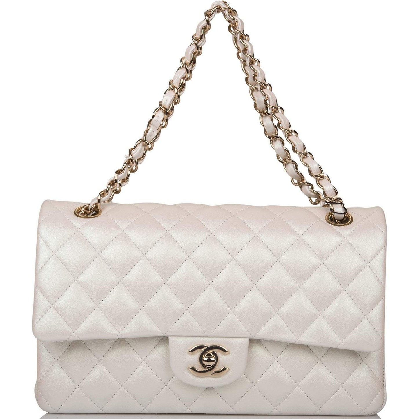 Chanel White Iridescent Quilted Lambskin Medium Classic Double Flap Bag Light Gold Hardware