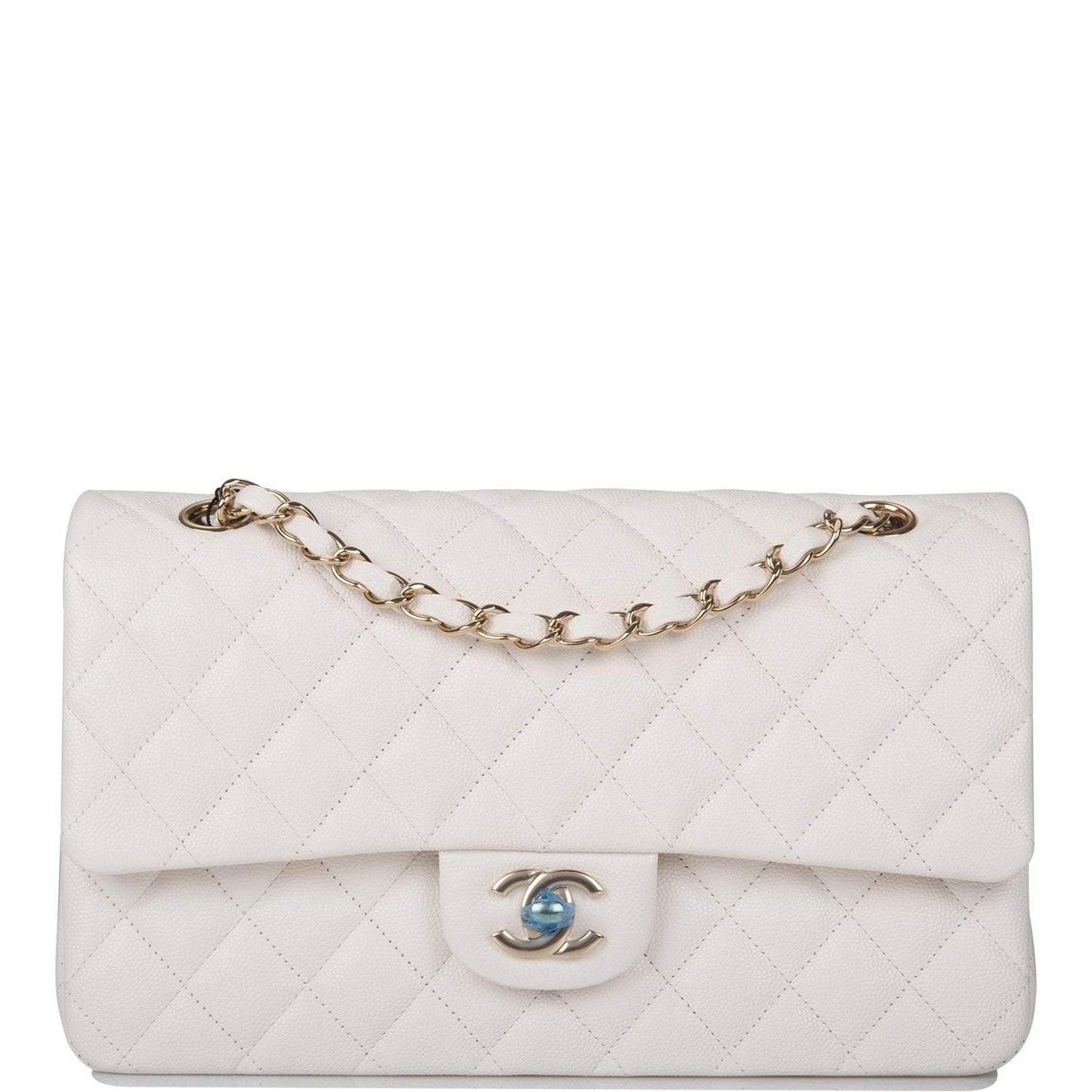 Chanel White Quilted Caviar Medium Classic Double Flap Bag Gold Hardware