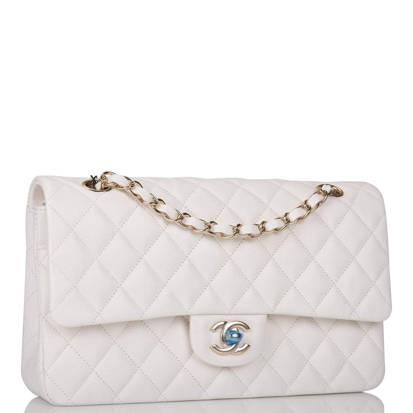 Chanel White Quilted Caviar Medium Classic Double Flap Bag Gold Hardware