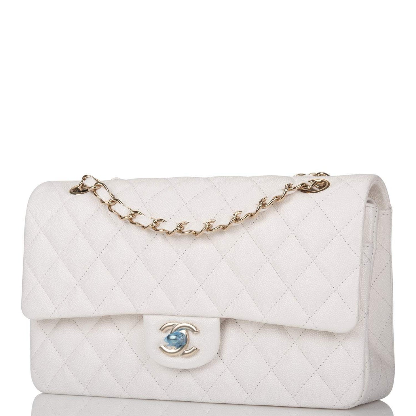 Chanel White Quilted Caviar Medium Classic Double Flap Bag Gold Hardware