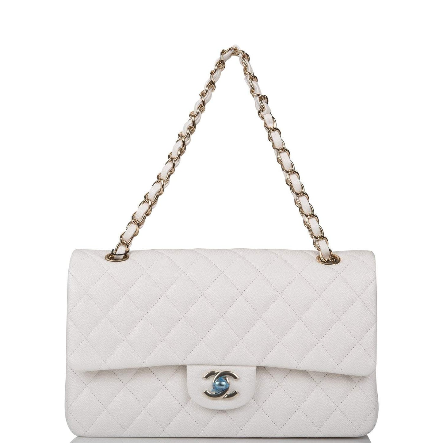 Chanel White Quilted Caviar Medium Classic Double Flap Bag Gold Hardware