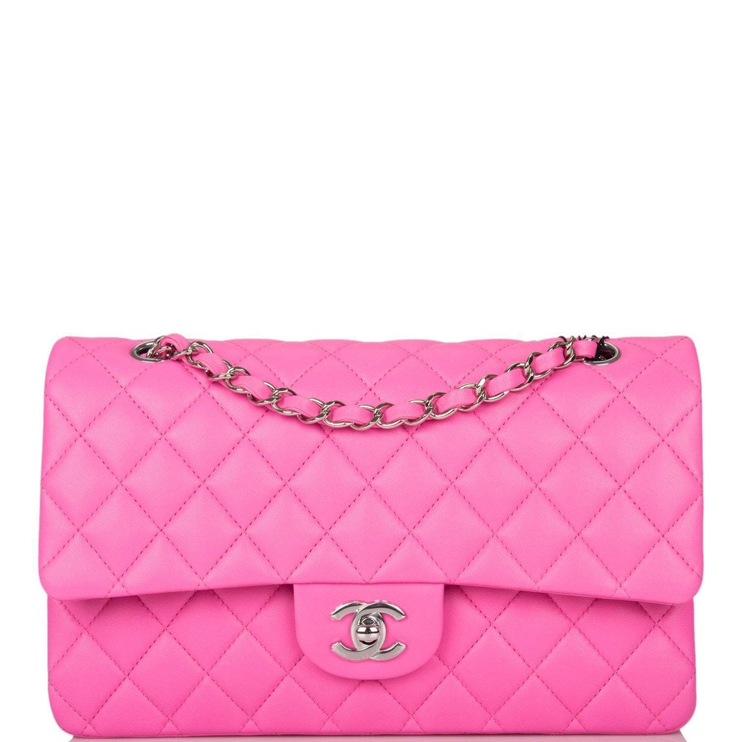 Chanel Neon Pink Quilted Lambskin Medium Classic Double Flap Bag Silver Hardware