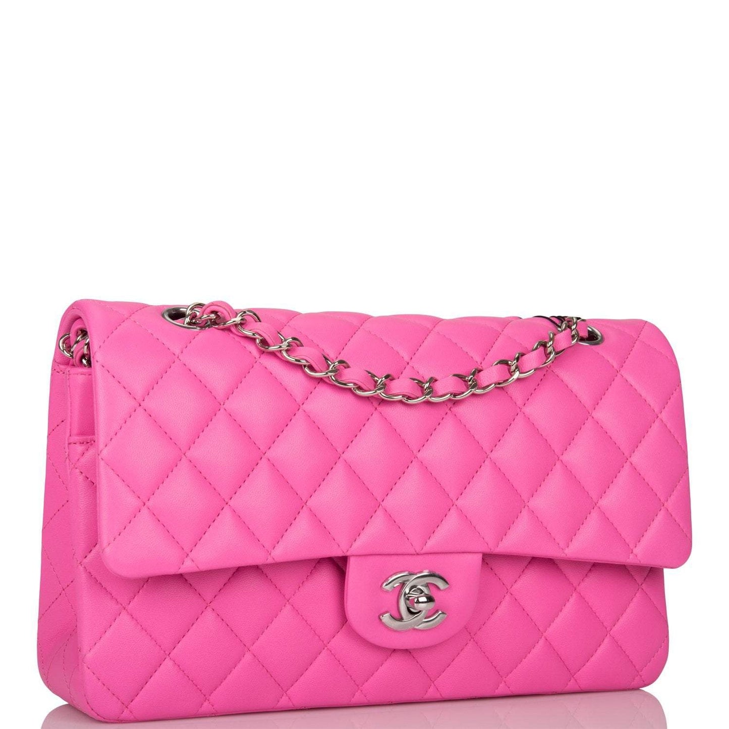 Chanel Neon Pink Quilted Lambskin Medium Classic Double Flap Bag Silver Hardware