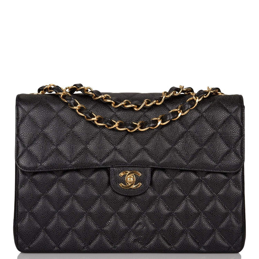 Chanel Vintage Black Quilted Caviar Jumbo Single Flap Bag Gold Hardware